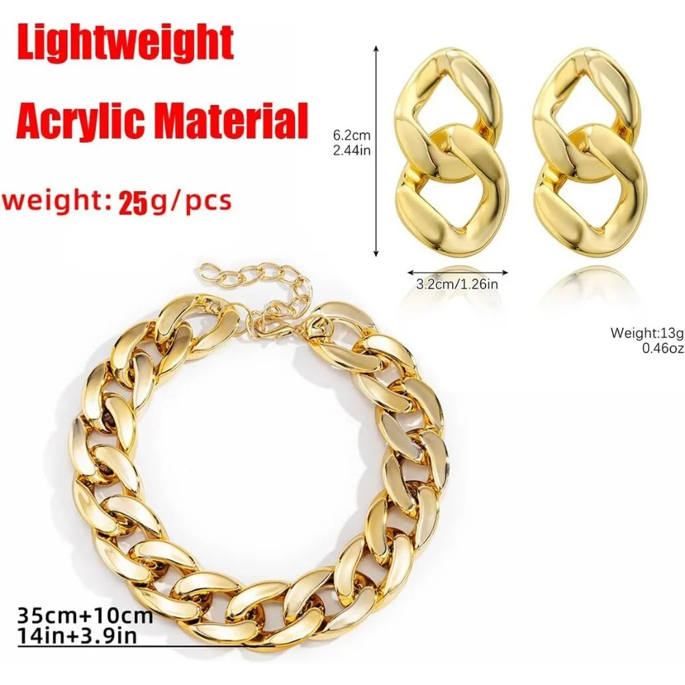 Acrylic Gold Chunky Chain Necklace Earrings Set for Women,Punk Short Thick Wide - Picture 3 of 9